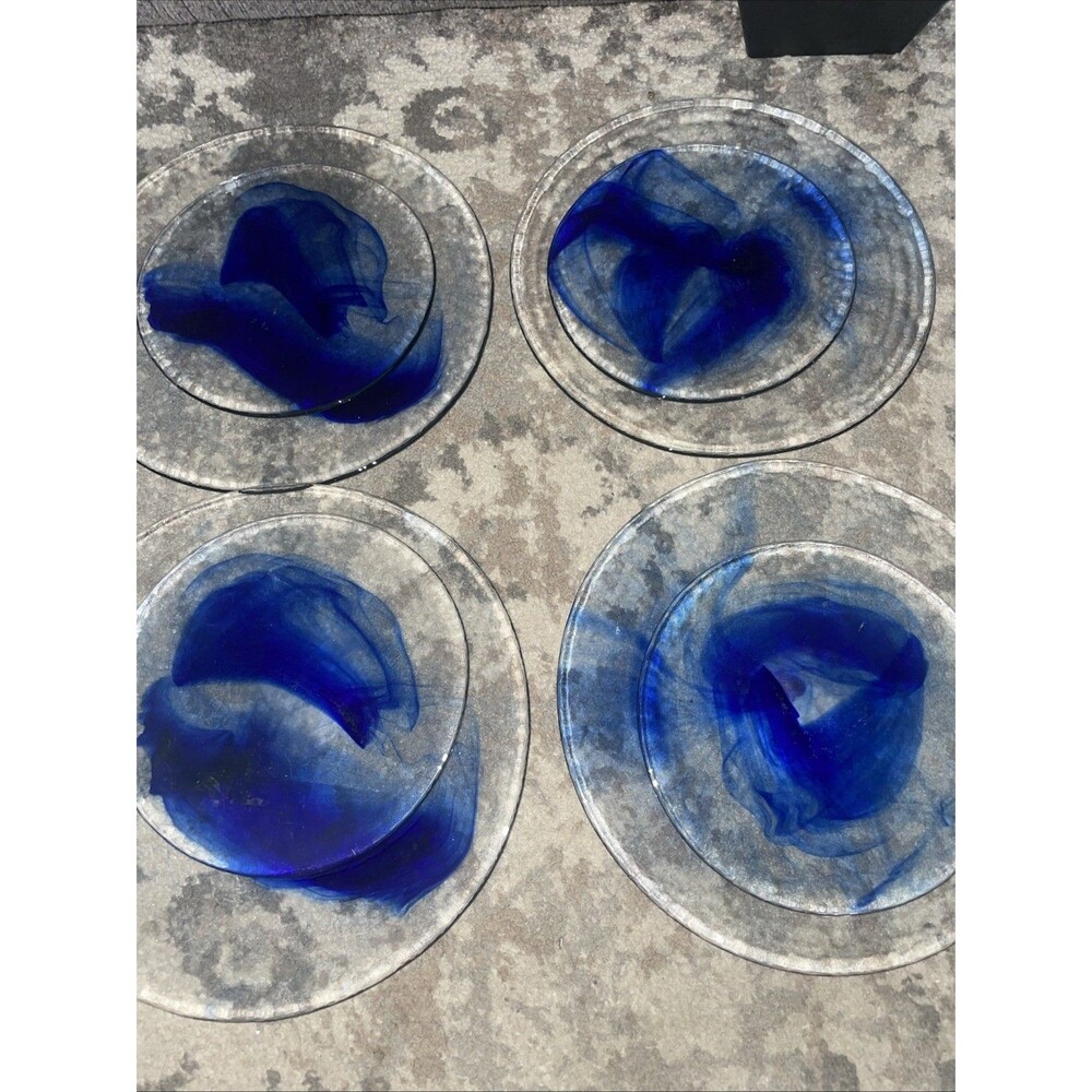 Set 8 Bormioli Rocco Milano Blue Swirl Glass Plates 4 Dinner 4 Salad